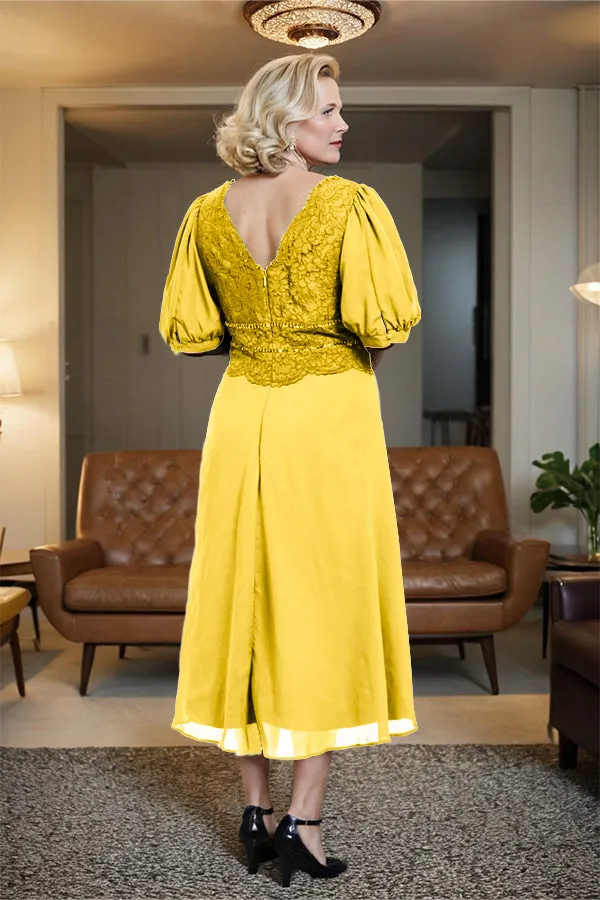 V-Neck A Line Half Lantern Sleeves Tea Length Mother of the Bride Dress