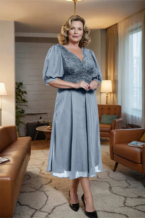 V-Neck A Line Half Lantern Sleeves Tea Length Mother of the Bride Dress