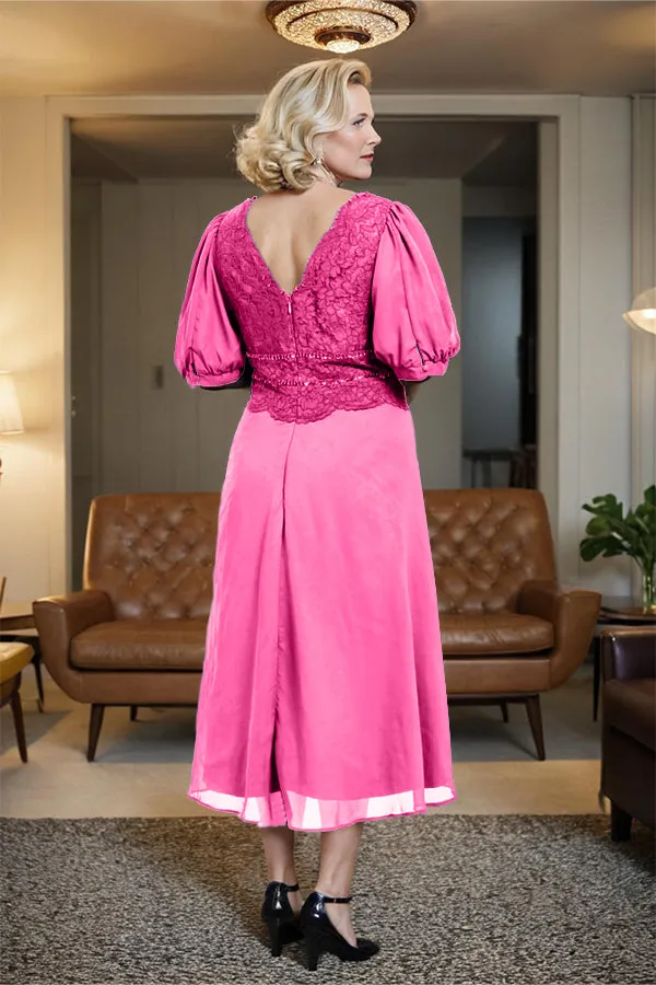 V-Neck A Line Half Lantern Sleeves Tea Length Mother of the Bride Dress