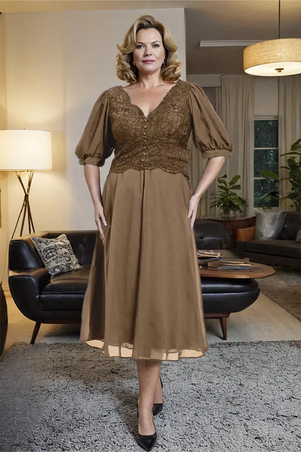 V-Neck A Line Half Lantern Sleeves Tea Length Mother of the Bride Dress