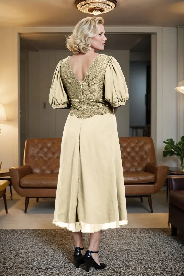 V-Neck A Line Half Lantern Sleeves Tea Length Mother of the Bride Dress