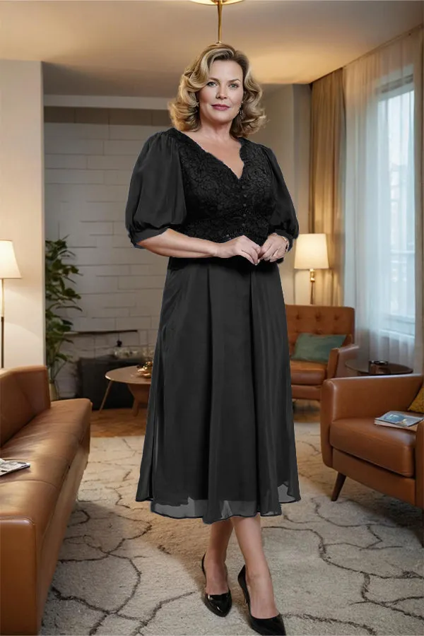 V-Neck A Line Half Lantern Sleeves Tea Length Mother of the Bride Dress