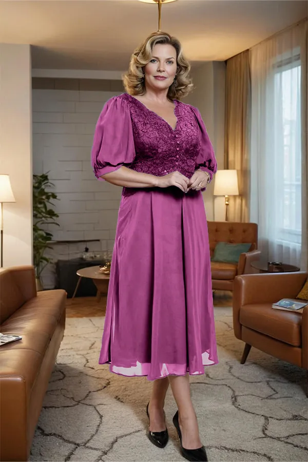 V-Neck A Line Half Lantern Sleeves Tea Length Mother of the Bride Dress