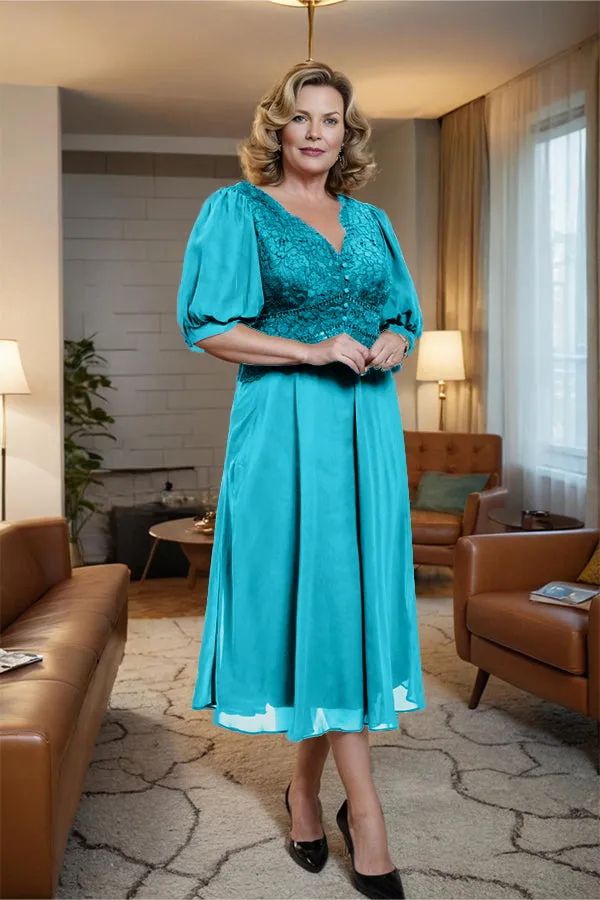 V-Neck A Line Half Lantern Sleeves Tea Length Mother of the Bride Dress