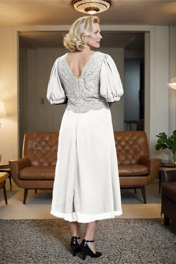V-Neck A Line Half Lantern Sleeves Tea Length Mother of the Bride Dress