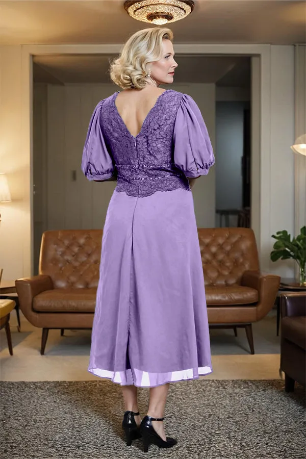 V-Neck A Line Half Lantern Sleeves Tea Length Mother of the Bride Dress