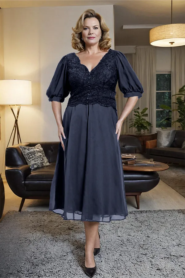 V-Neck A Line Half Lantern Sleeves Tea Length Mother of the Bride Dress