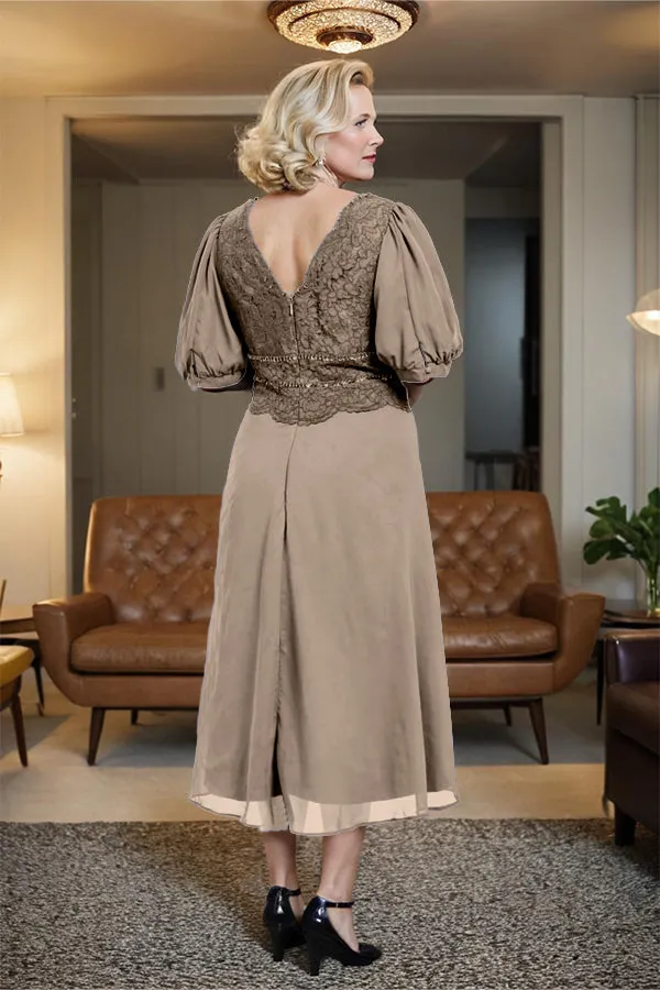 V-Neck A Line Half Lantern Sleeves Tea Length Mother of the Bride Dress
