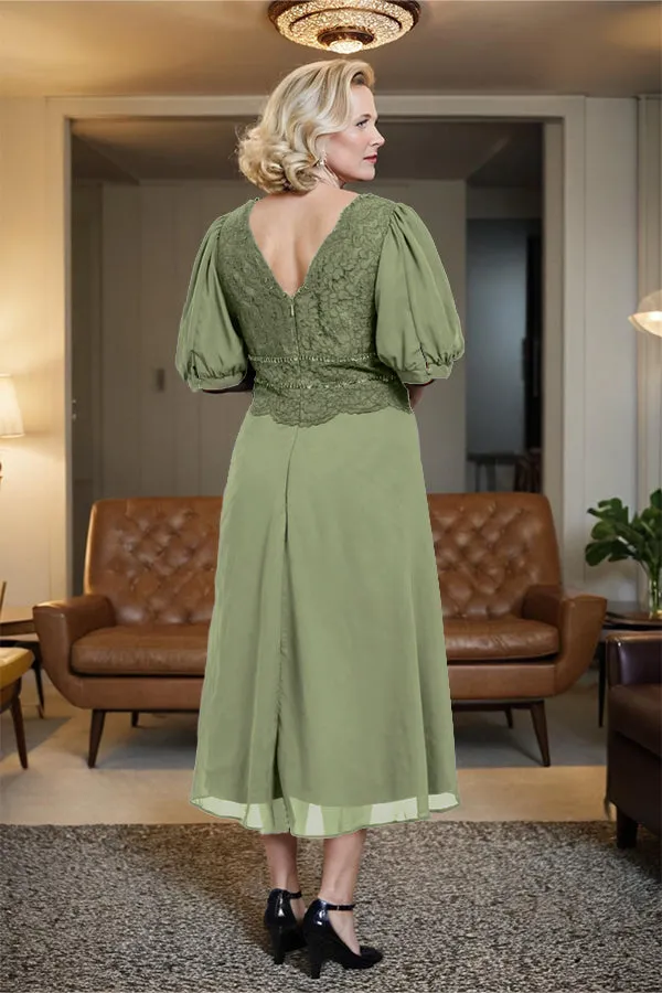 V-Neck A Line Half Lantern Sleeves Tea Length Mother of the Bride Dress