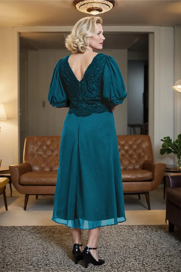 V-Neck A Line Half Lantern Sleeves Tea Length Mother of the Bride Dress