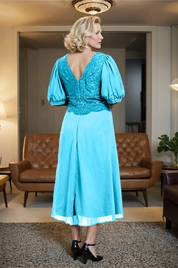 V-Neck A Line Half Lantern Sleeves Tea Length Mother of the Bride Dress