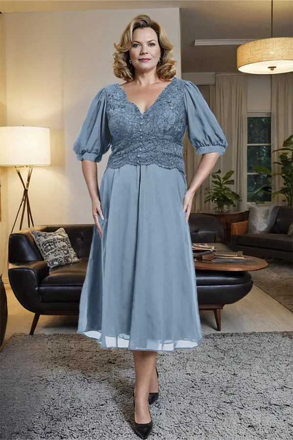 V-Neck A Line Half Lantern Sleeves Tea Length Mother of the Bride Dress