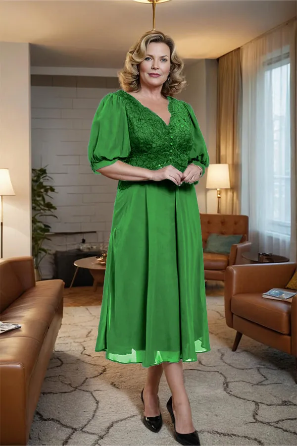 V-Neck A Line Half Lantern Sleeves Tea Length Mother of the Bride Dress
