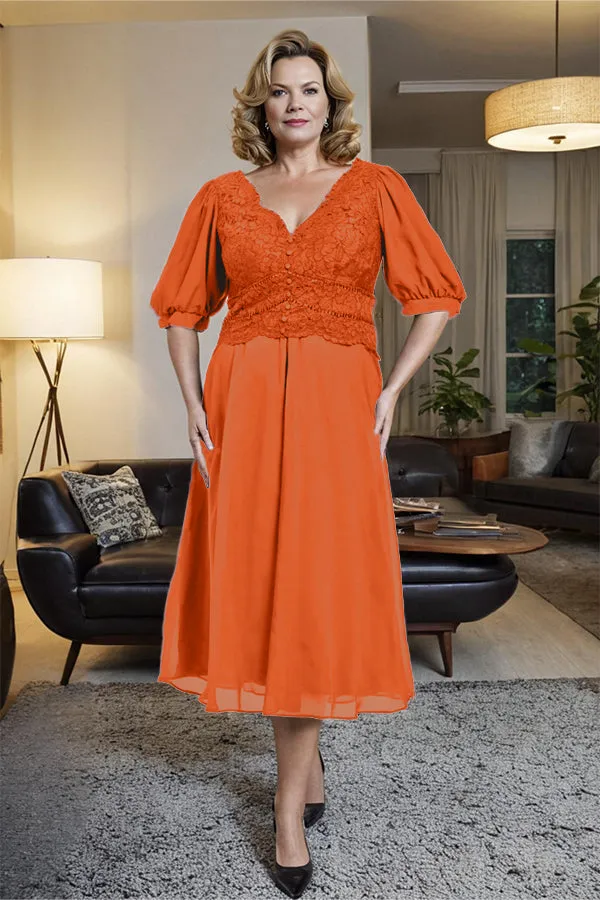 V-Neck A Line Half Lantern Sleeves Tea Length Mother of the Bride Dress