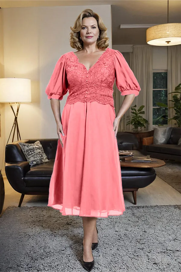 V-Neck A Line Half Lantern Sleeves Tea Length Mother of the Bride Dress