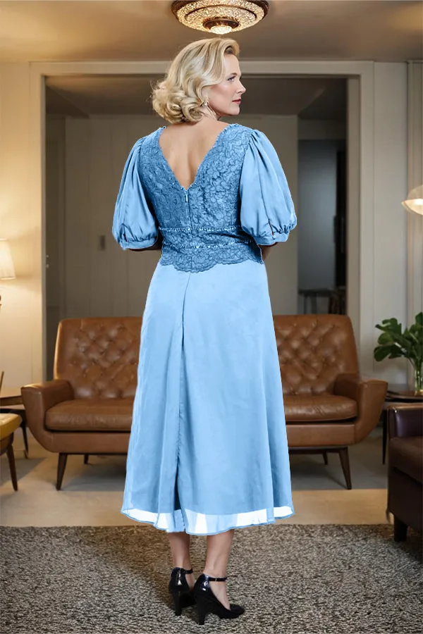 V-Neck A Line Half Lantern Sleeves Tea Length Mother of the Bride Dress