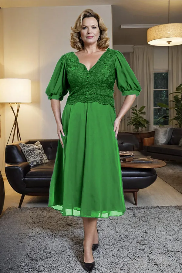V-Neck A Line Half Lantern Sleeves Tea Length Mother of the Bride Dress