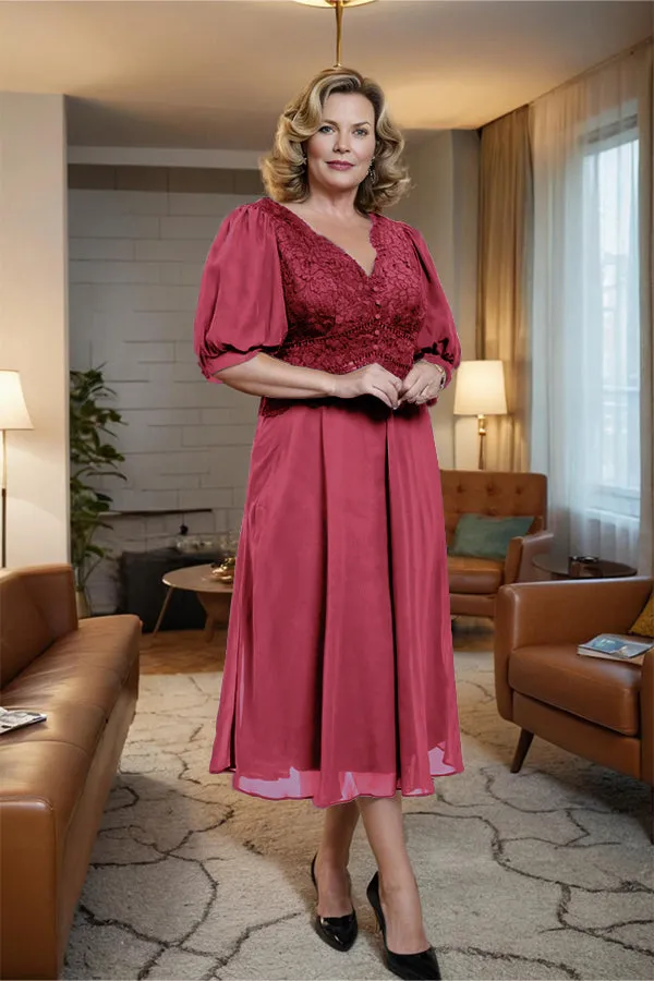 V-Neck A Line Half Lantern Sleeves Tea Length Mother of the Bride Dress
