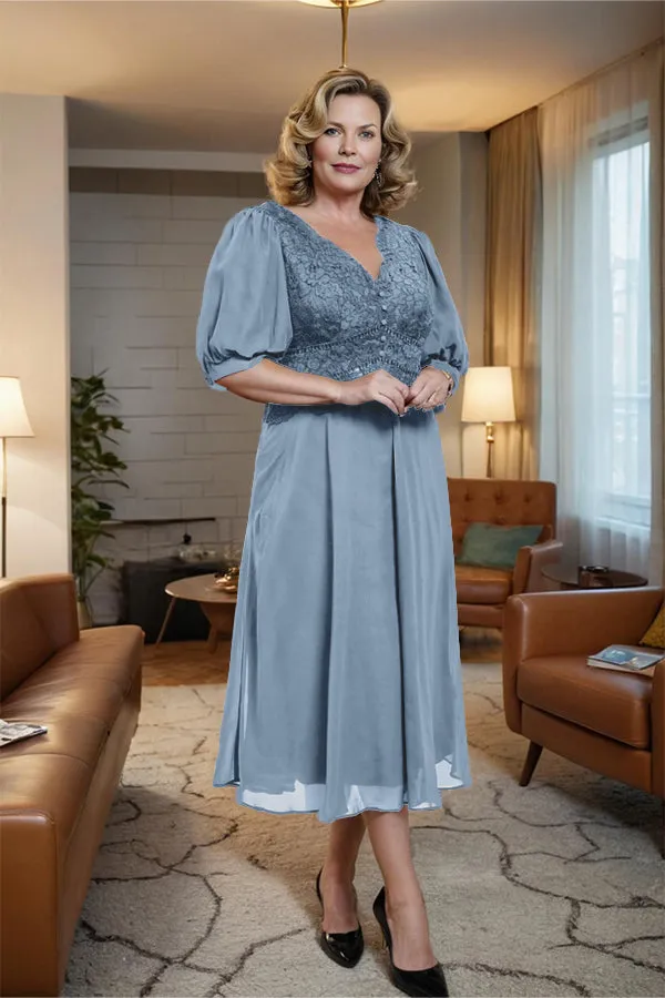 V-Neck A Line Half Lantern Sleeves Tea Length Mother of the Bride Dress