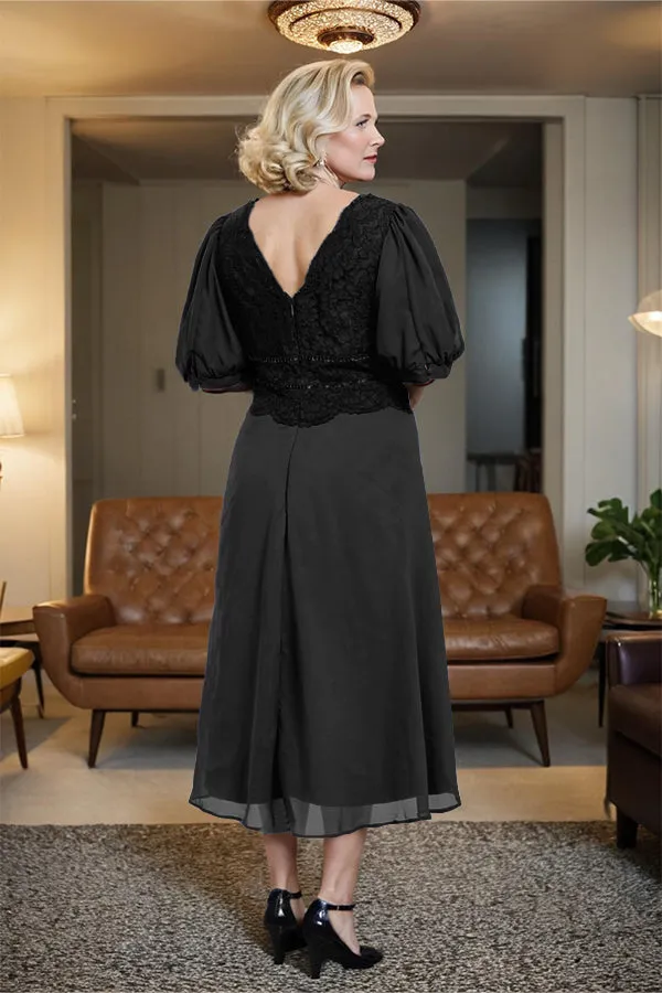 V-Neck A Line Half Lantern Sleeves Tea Length Mother of the Bride Dress