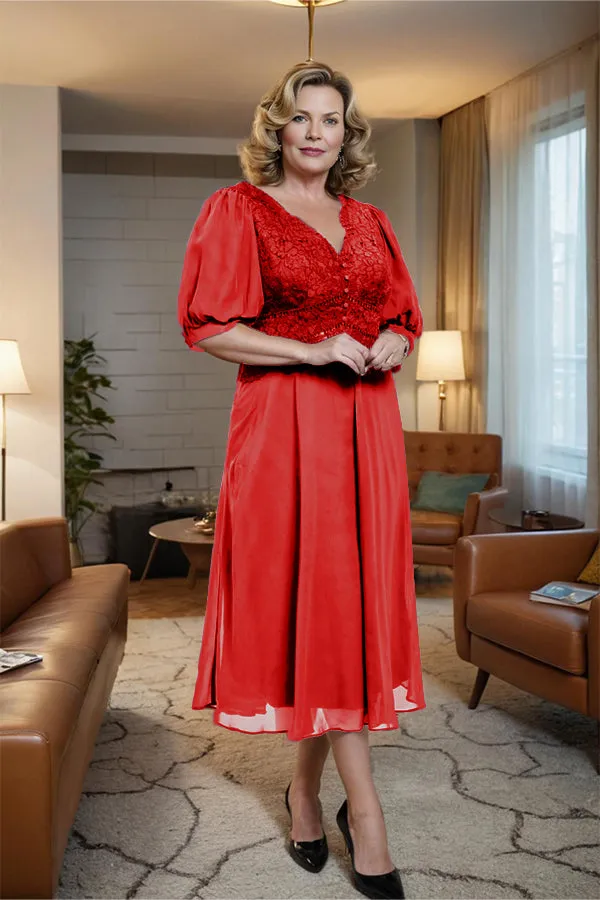 V-Neck A Line Half Lantern Sleeves Tea Length Mother of the Bride Dress