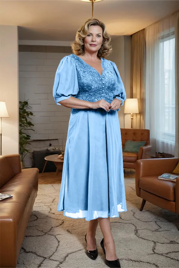 V-Neck A Line Half Lantern Sleeves Tea Length Mother of the Bride Dress