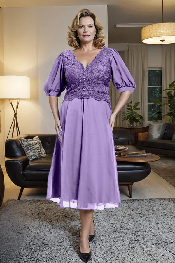 V-Neck A Line Half Lantern Sleeves Tea Length Mother of the Bride Dress