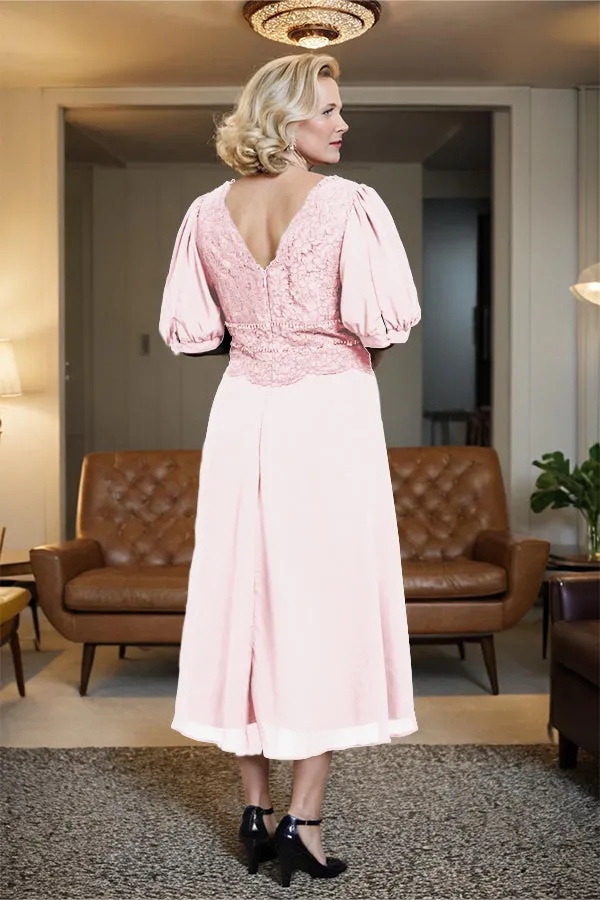 V-Neck A Line Half Lantern Sleeves Tea Length Mother of the Bride Dress