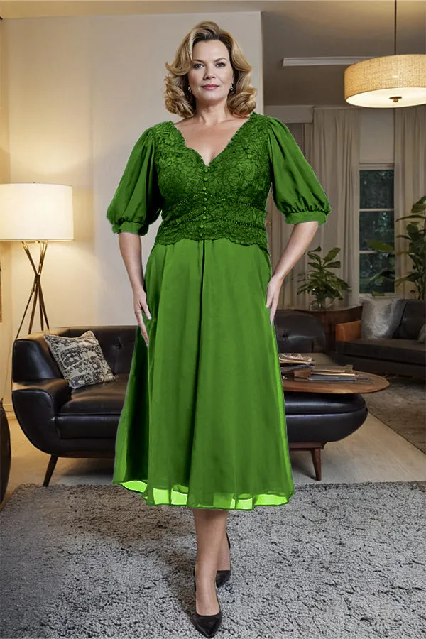 V-Neck A Line Half Lantern Sleeves Tea Length Mother of the Bride Dress