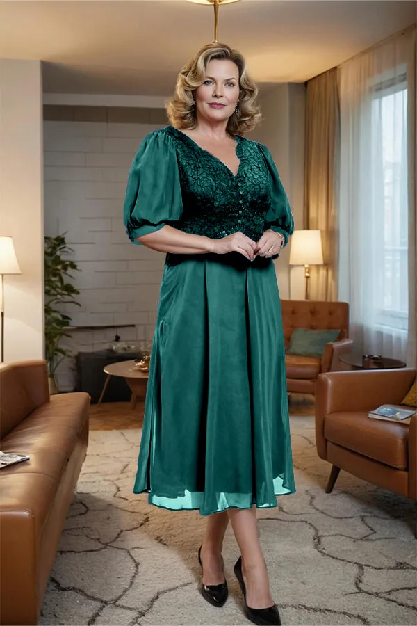 V-Neck A Line Half Lantern Sleeves Tea Length Mother of the Bride Dress