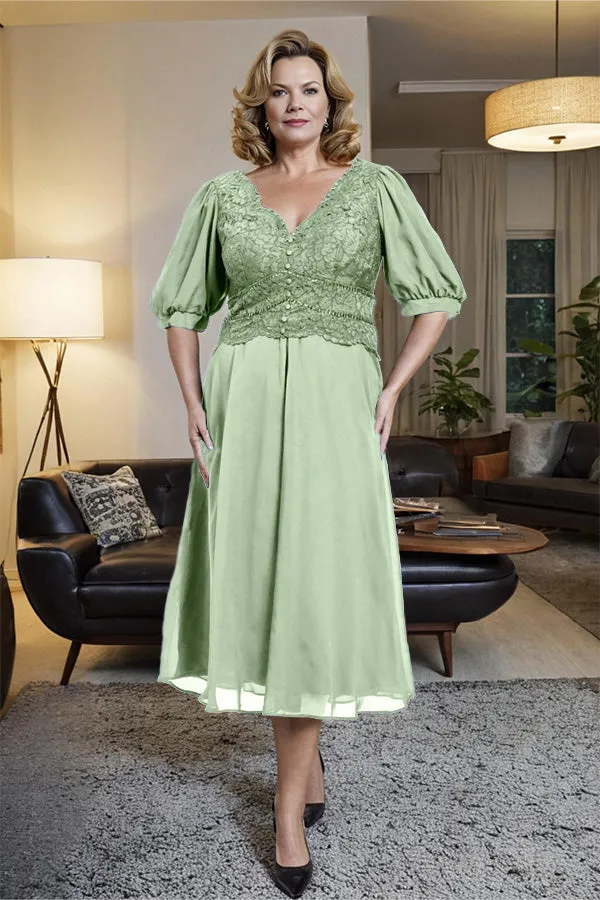 V-Neck A Line Half Lantern Sleeves Tea Length Mother of the Bride Dress