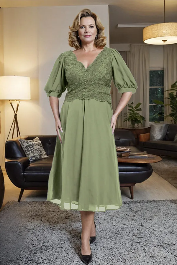 V-Neck A Line Half Lantern Sleeves Tea Length Mother of the Bride Dress