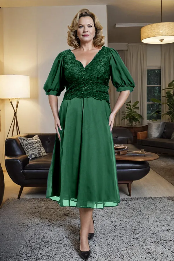 V-Neck A Line Half Lantern Sleeves Tea Length Mother of the Bride Dress