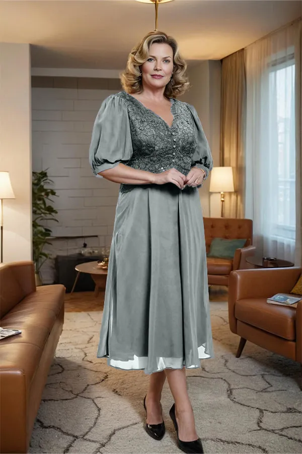 V-Neck A Line Half Lantern Sleeves Tea Length Mother of the Bride Dress