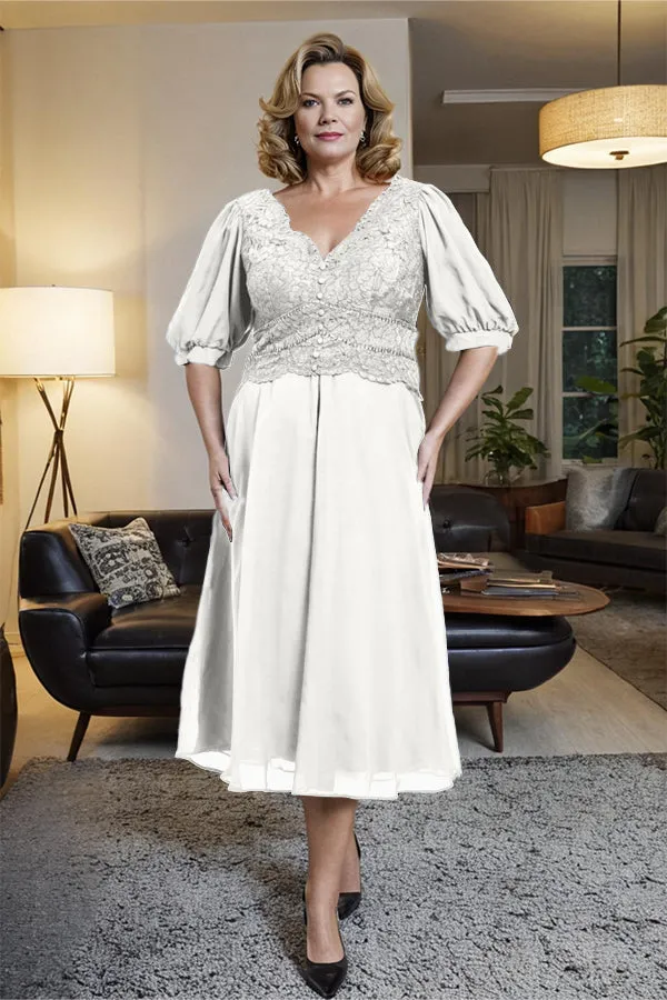V-Neck A Line Half Lantern Sleeves Tea Length Mother of the Bride Dress