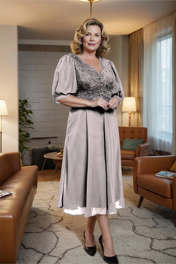 V-Neck A Line Half Lantern Sleeves Tea Length Mother of the Bride Dress