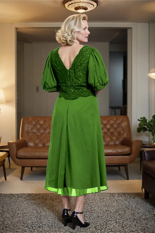 V-Neck A Line Half Lantern Sleeves Tea Length Mother of the Bride Dress