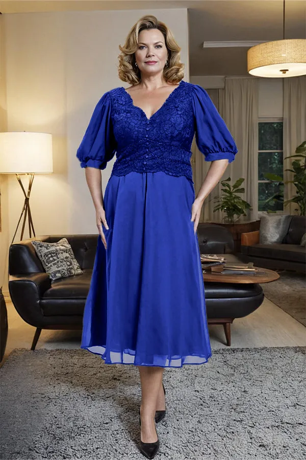 V-Neck A Line Half Lantern Sleeves Tea Length Mother of the Bride Dress
