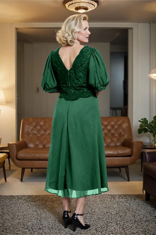 V-Neck A Line Half Lantern Sleeves Tea Length Mother of the Bride Dress