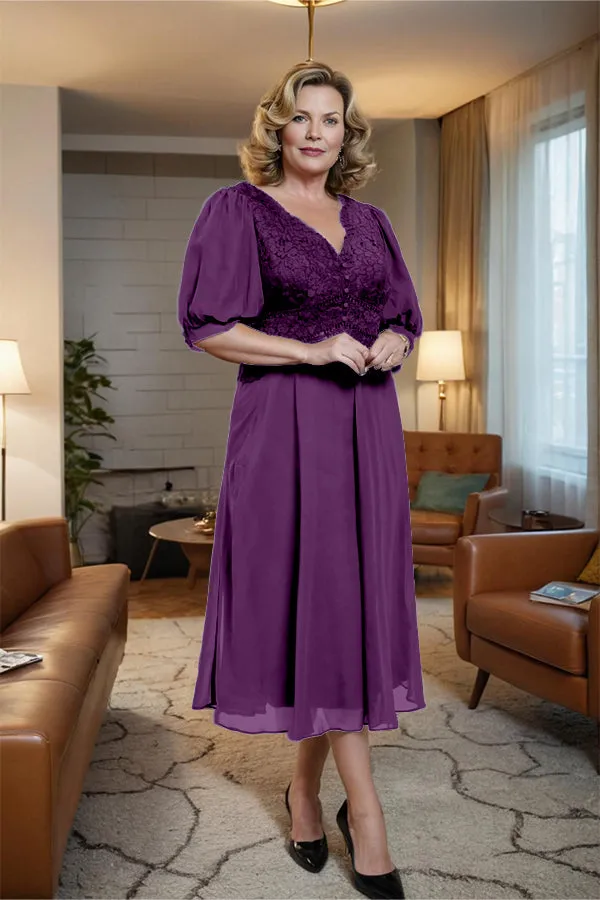 V-Neck A Line Half Lantern Sleeves Tea Length Mother of the Bride Dress