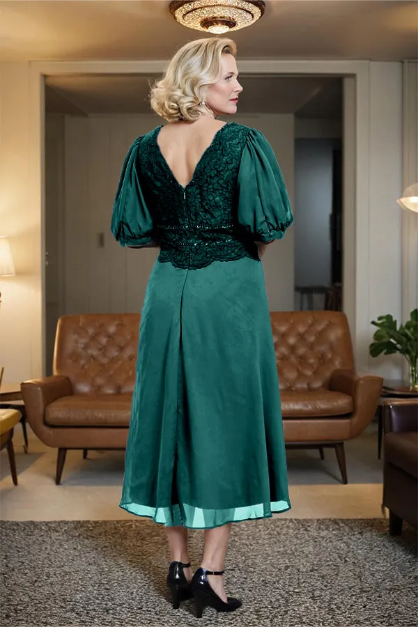 V-Neck A Line Half Lantern Sleeves Tea Length Mother of the Bride Dress