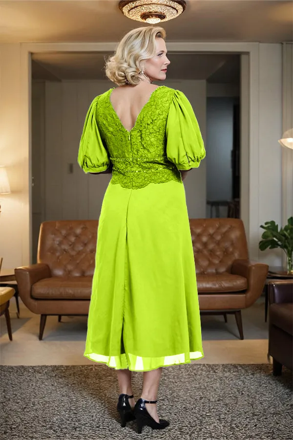 V-Neck A Line Half Lantern Sleeves Tea Length Mother of the Bride Dress