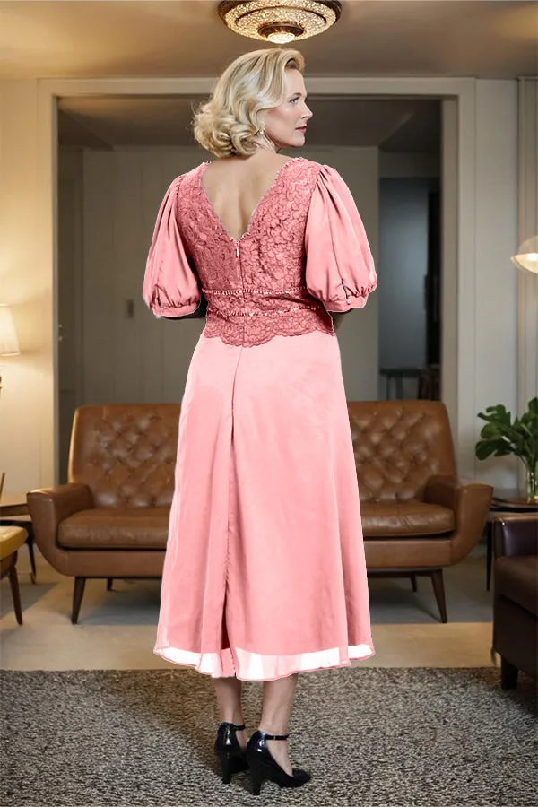 V-Neck A Line Half Lantern Sleeves Tea Length Mother of the Bride Dress