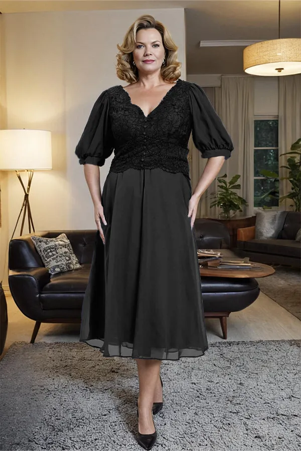 V-Neck A Line Half Lantern Sleeves Tea Length Mother of the Bride Dress