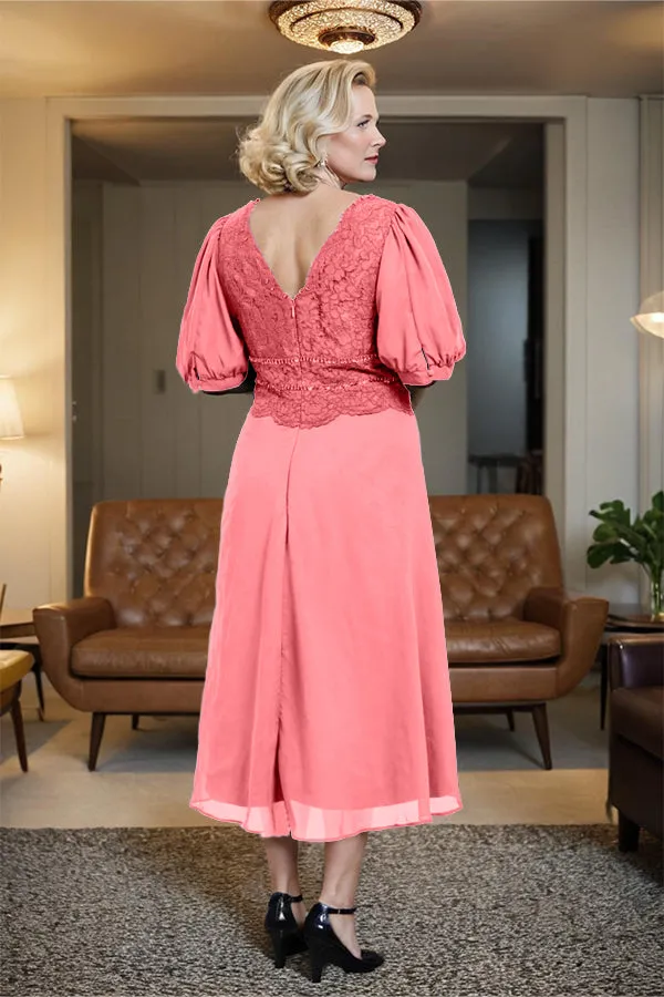 V-Neck A Line Half Lantern Sleeves Tea Length Mother of the Bride Dress