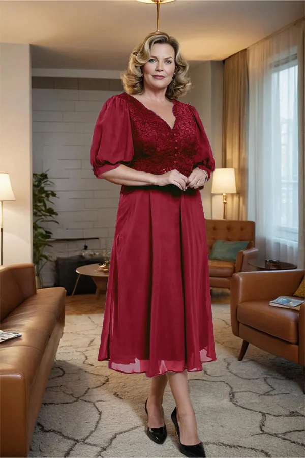 V-Neck A Line Half Lantern Sleeves Tea Length Mother of the Bride Dress