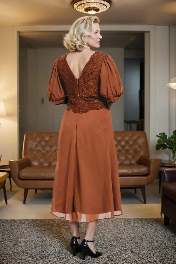 V-Neck A Line Half Lantern Sleeves Tea Length Mother of the Bride Dress