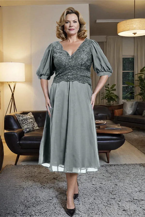 V-Neck A Line Half Lantern Sleeves Tea Length Mother of the Bride Dress
