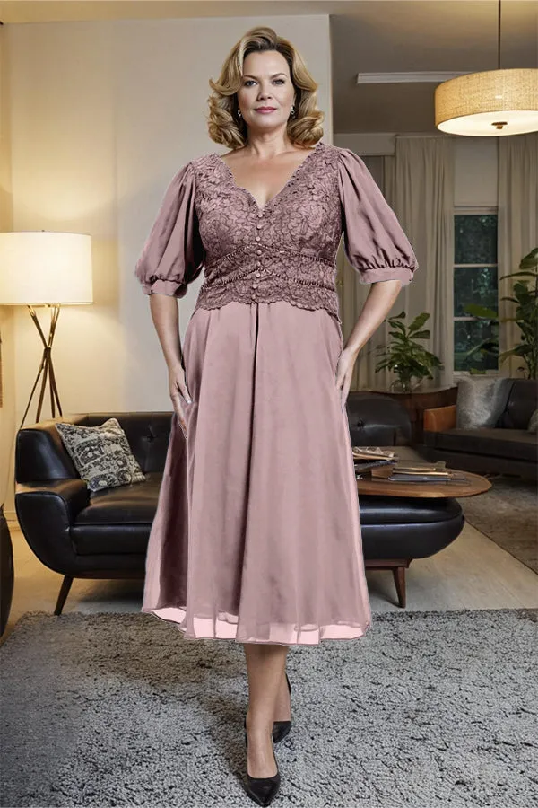 V-Neck A Line Half Lantern Sleeves Tea Length Mother of the Bride Dress