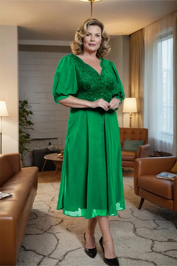 V-Neck A Line Half Lantern Sleeves Tea Length Mother of the Bride Dress
